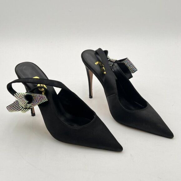 FSJ Black Pointed Toe High Heel Ankle Strap Rhinestone Bowknot Slingback Pumps - Picture 4 of 8